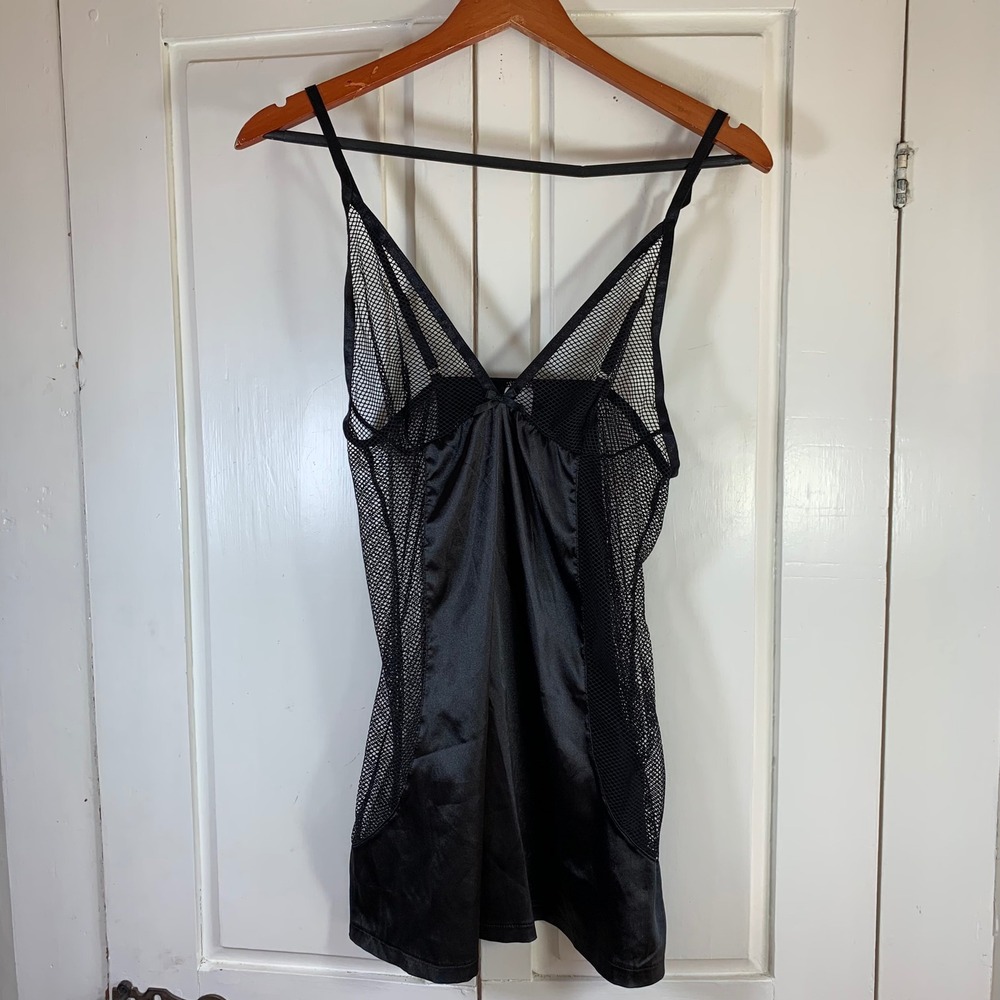 Black satin mesh mini slip dress y2k lingerie club fairy grunge L dark‎ coquette